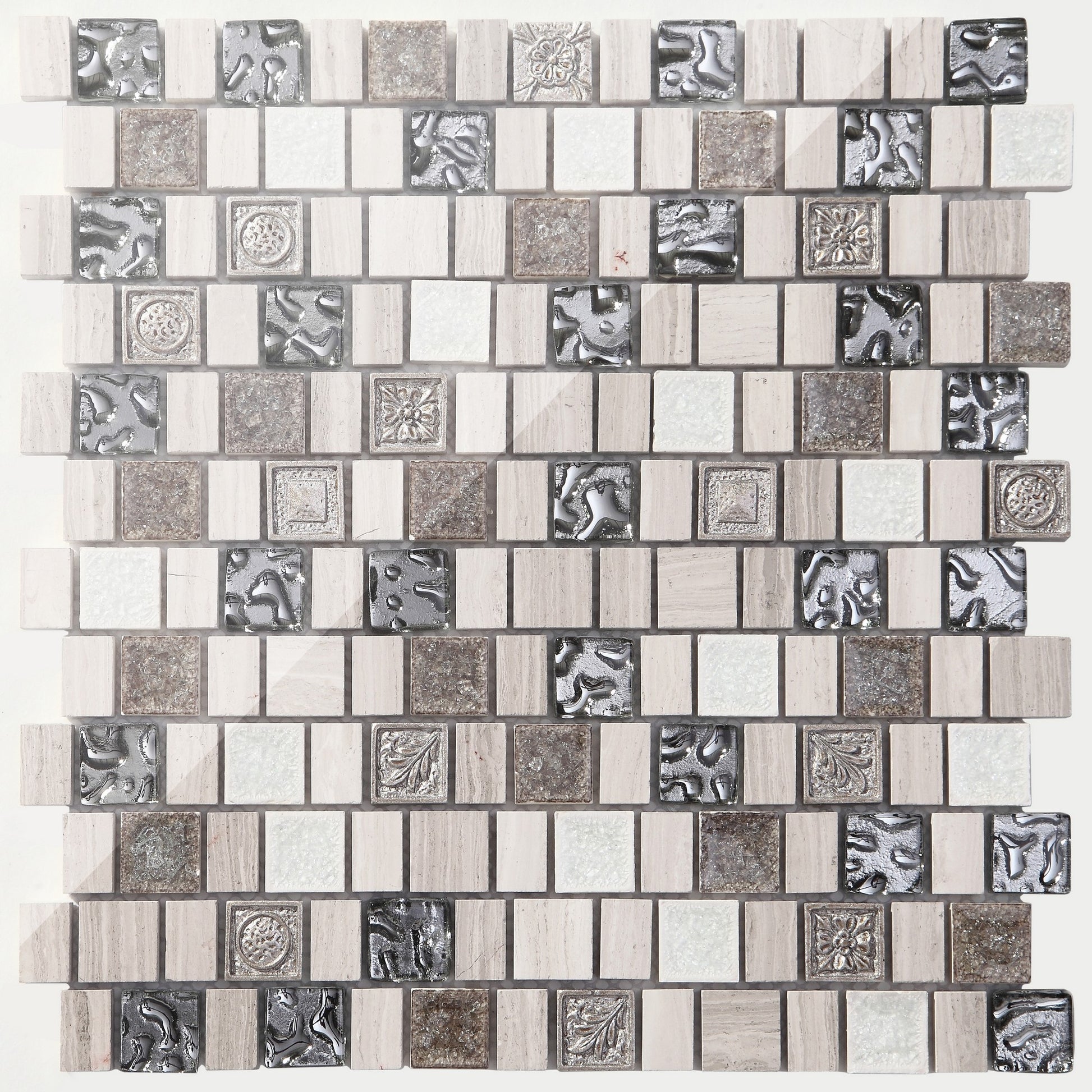Complement Naturstein und Glas Mosaik Fliesen in silber/grau, hellbraun. (CM0005) - Complement Fusion