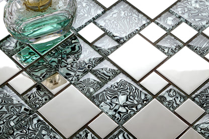 Schwarz und Silber Glas, Edelstahl Mosaikfliese - Ideal für Bad & Küche (MT0132) - Complement Fusion