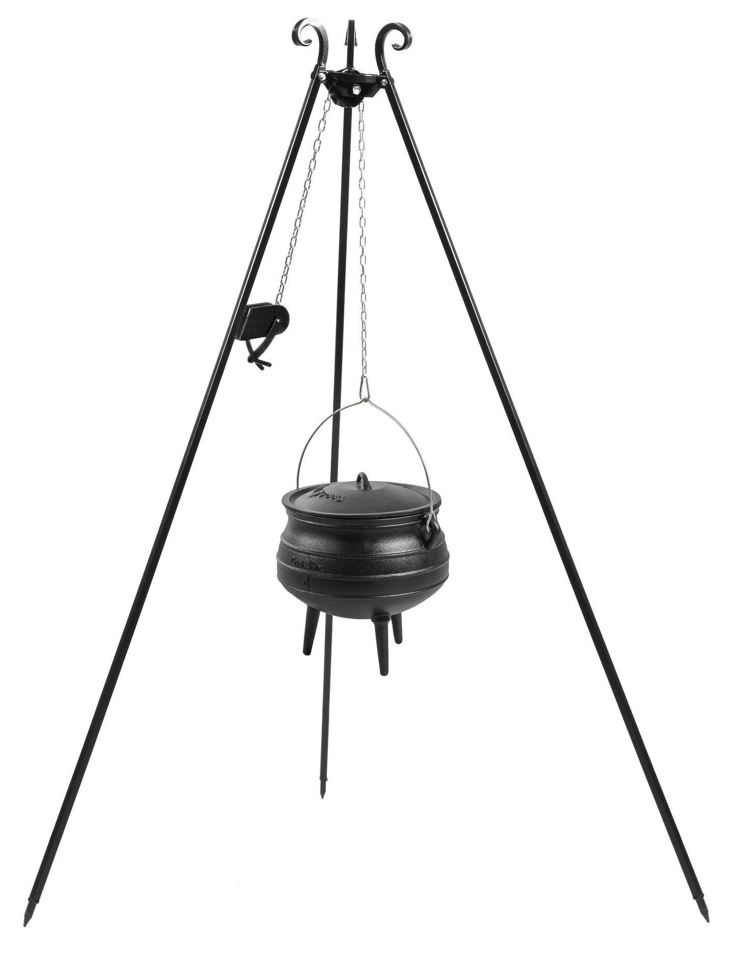 Dreibein 180 cm mit Afrikanischer Gusseisenkessel 13 Liter Potjie Pot + Kurbel